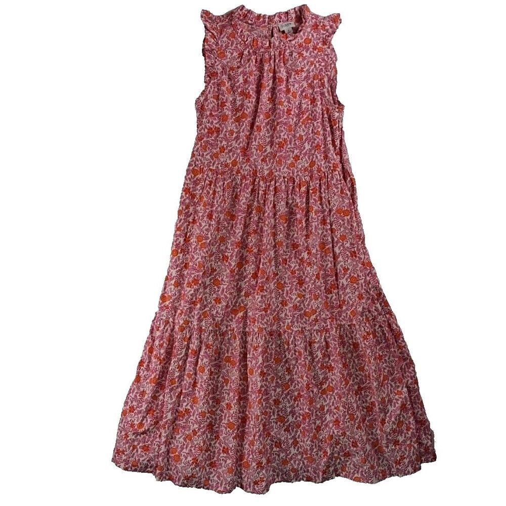 J.Crew Dress Womens SZ 2 Pink Floral Sleeveless Maxi Sundress Ruffle Neck Lined